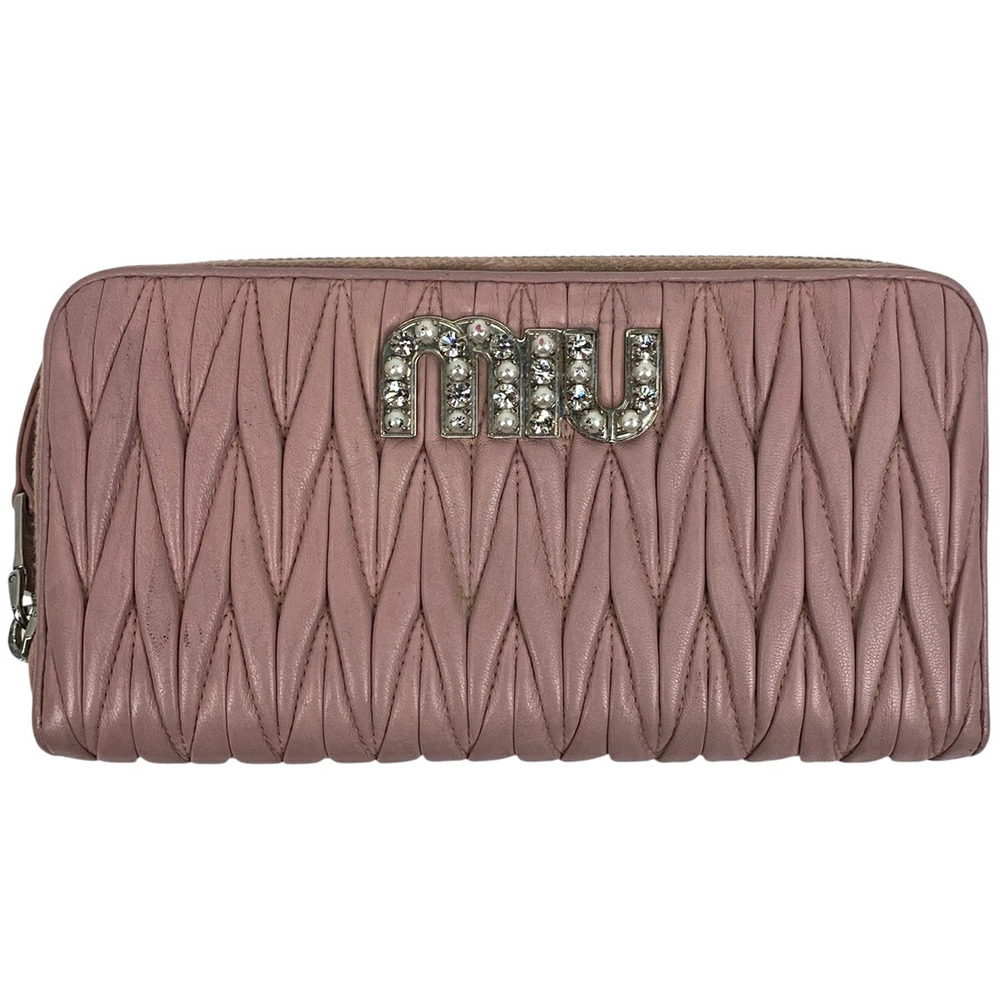 Miu Miu Matelasse Round Zip Long Wallet Jewel Embellishments Leather Pink
